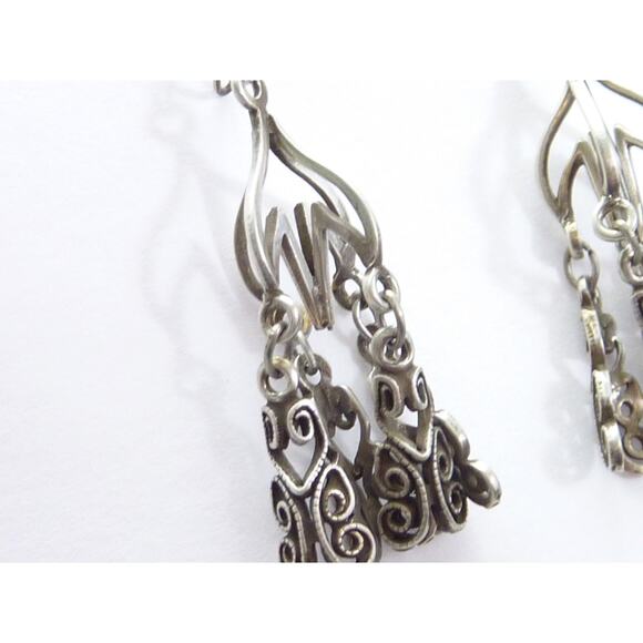 Vintage Silver Tone Filigree Dangle Earrings, Delicate - Picture 2 of 4